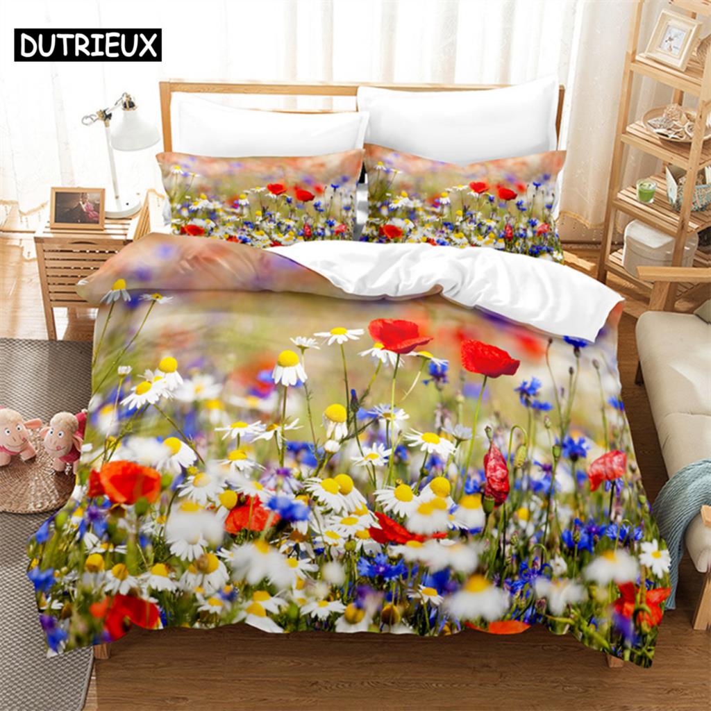 3D Digital Printing Fashion Design Natural Flowers Bedding Set, Queen Size Duvet Cover Set