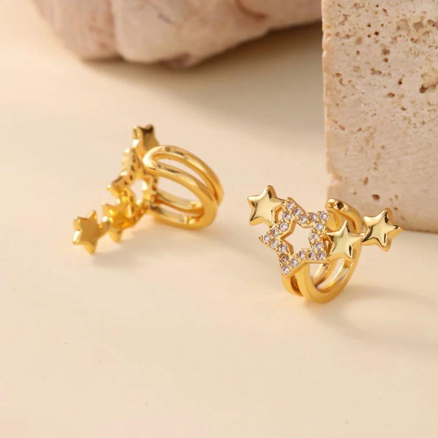 Star Zircon & Cat Kitten Stainless Steel Ear Clip Women Mama 18K Gold-plated Anti Rust Earring Wedding Jewelry accessories Gift