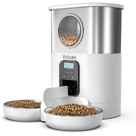 VOLUAS Automatic Cat Feeders for Two Cats,Stainless Steel 5L Pet Feeder for Cats and Dogs Timed Cat Feeder Pet Dry Food Dispenser, White белый