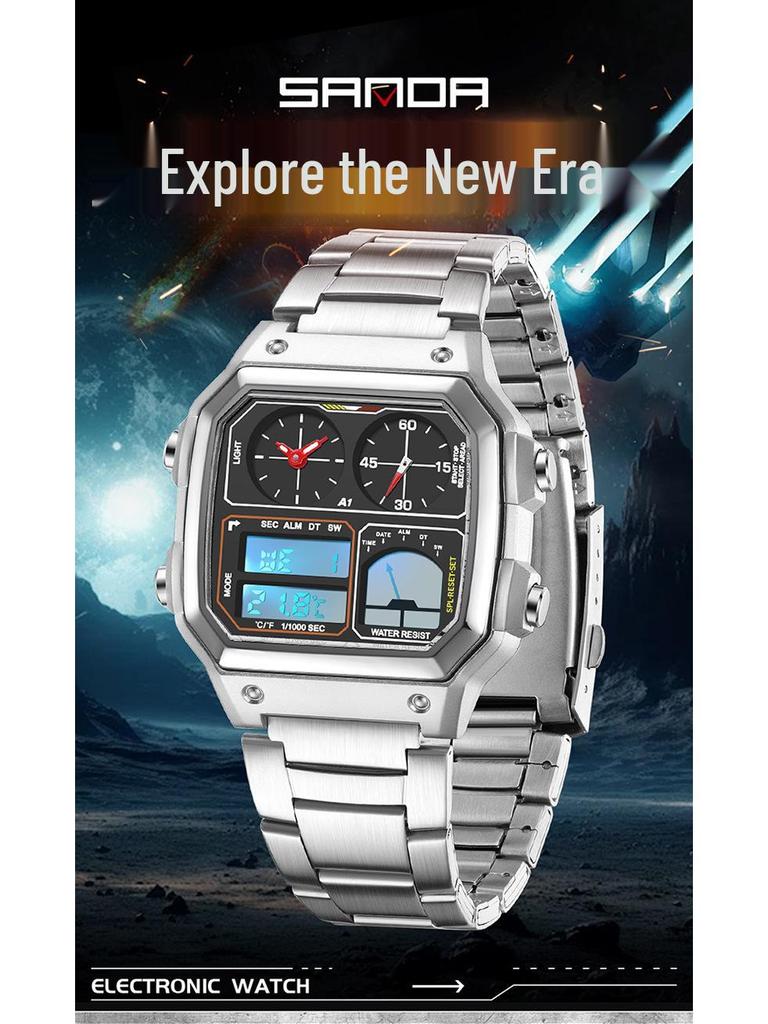 Sanda Temu Temperaturmessung Studenten Sportuhr, Wasserdicht Dual-Display, Multifunktionales Quadratisches Design