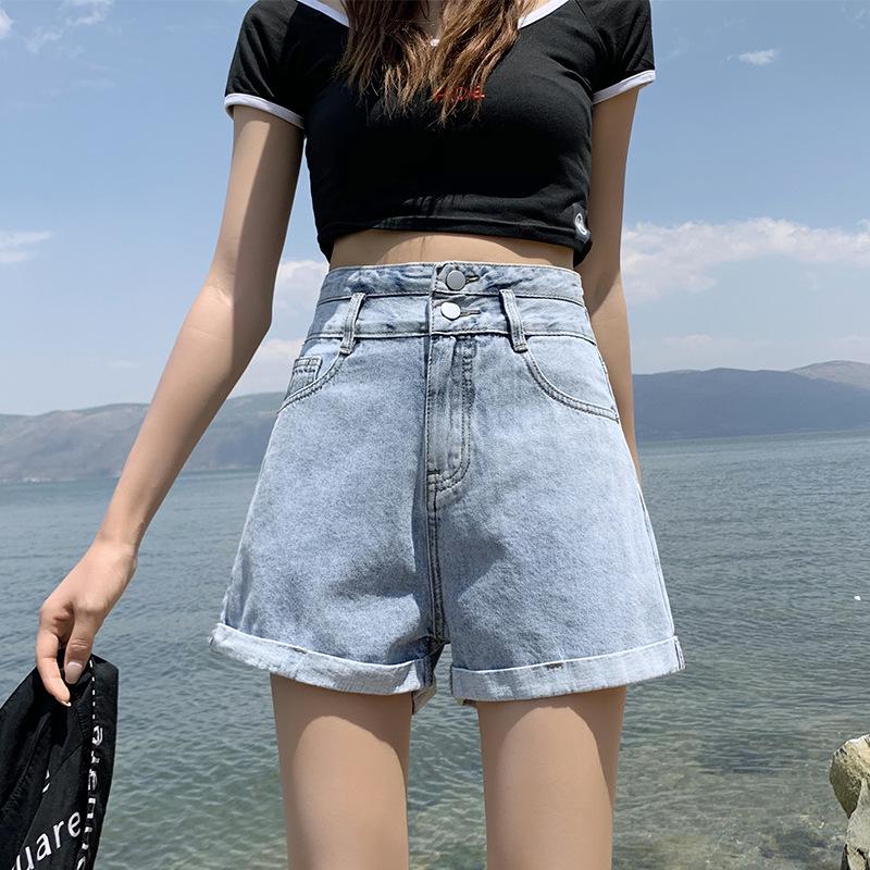 Women's High-Waist A-Line Denim Shorts - Summer 2021 Fashion, Loose Fit, Rolled Hem, Slimming Hot Pants