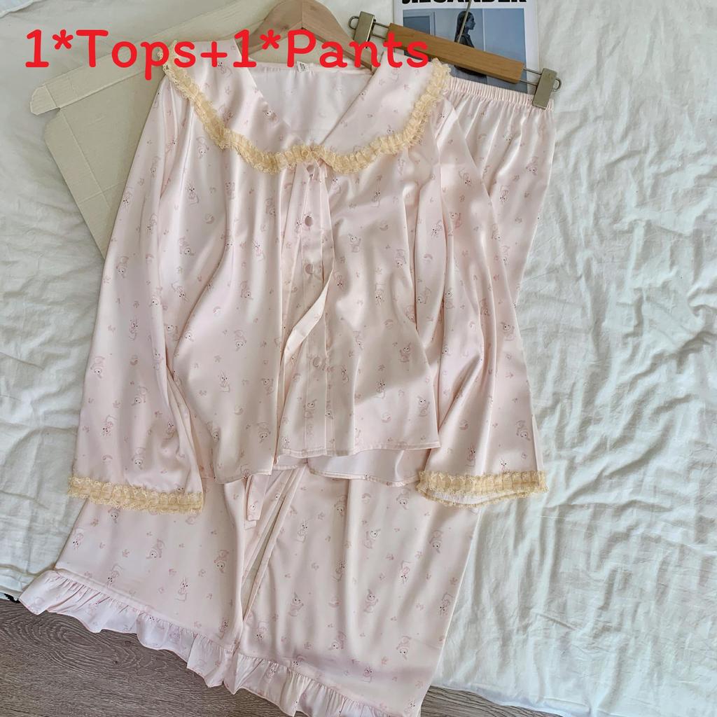 Ice Snow Silk Bunny Collar Pajamas Set With Lace Trim For Girls Home Wear
