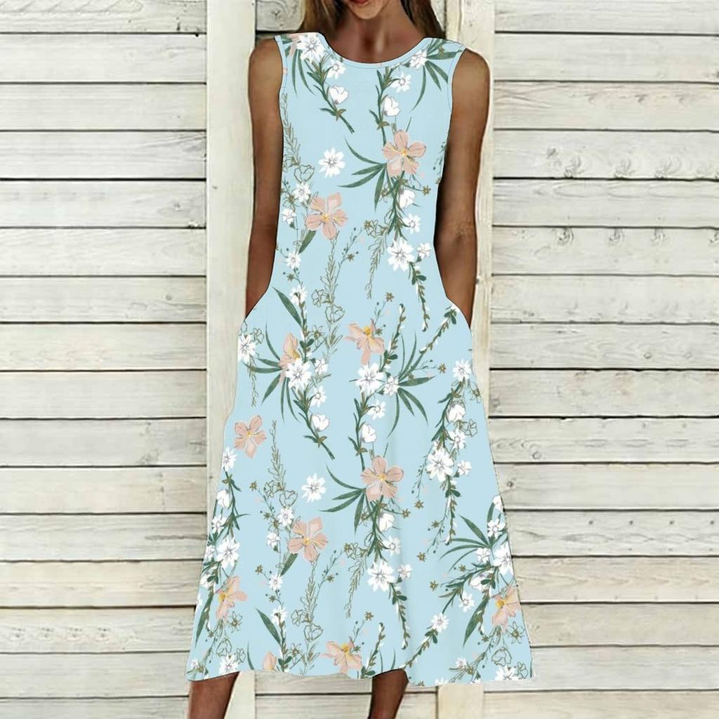 Plus Size Women Sleeveless Round Neck Dress Romantic Floral Printed Flowy Calf Length Gown