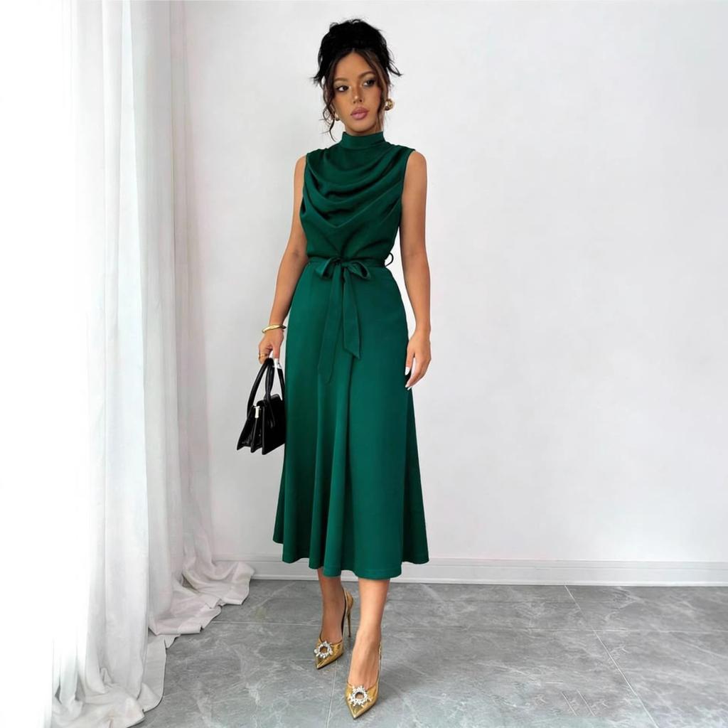 European and American women's elegant and fashionable sleeveless strap dress, casual belt design women's dress