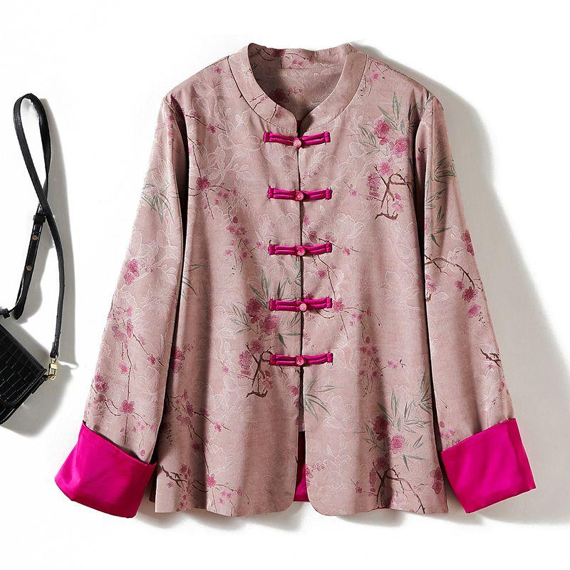 

Women s Lotus Pond Print Rolled Sleeves Contrast Color Buckle round Neck Long Sleeves Outwear Spring & Fall White and Popular New Tang Suit Design Pink 4XL