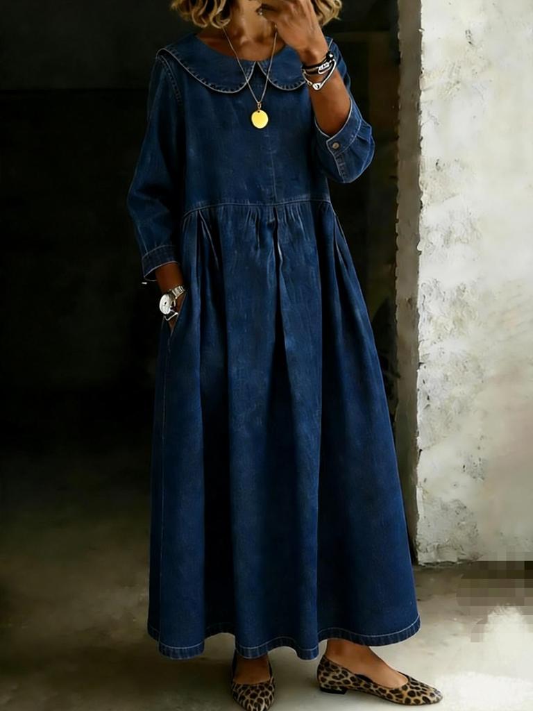 European and American Style Plus Size Denim Dress with Doll Collar and Long Sleeves