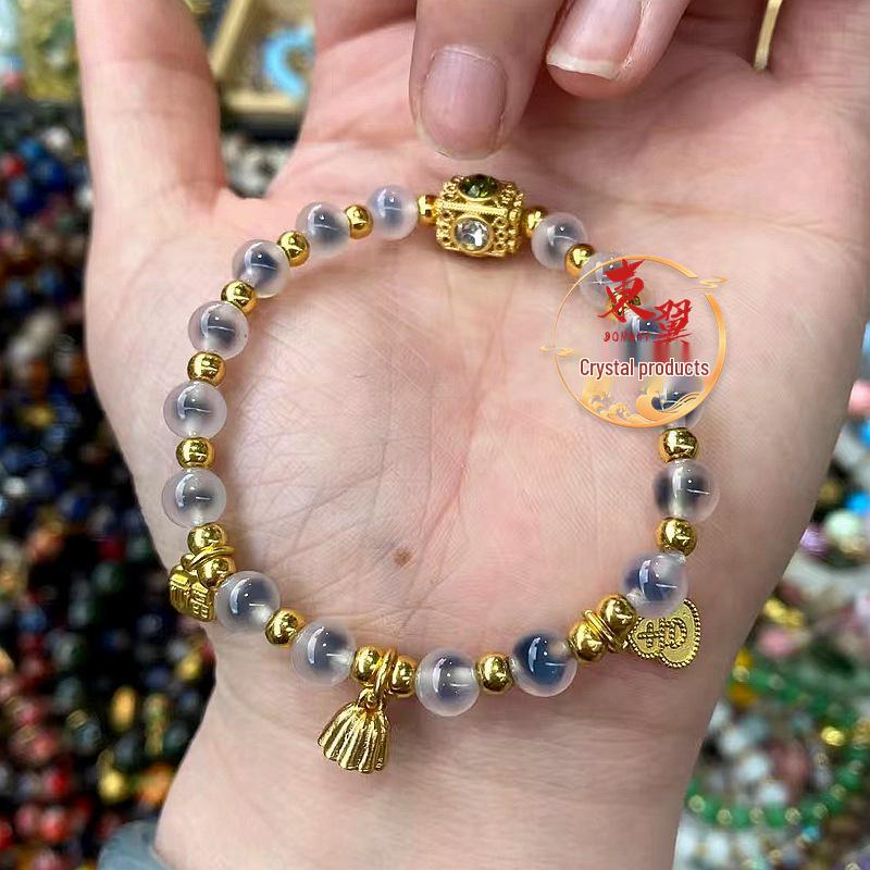 White Sugar Agate Lotus Pod Lucky Charm Bracelet with Gold Foil and Ash Glaze