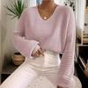 Knitted women's clothing Europe and America 2026 autumn new solid color V-neck lantern long-sleeved pullover sweater