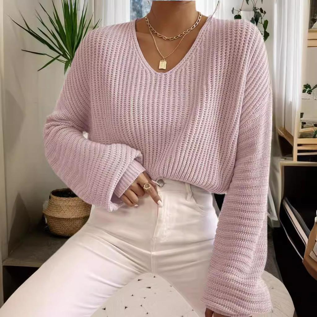 Knitted women's clothing Europe and America 2026 autumn new solid color V-neck lantern long-sleeved pullover sweater