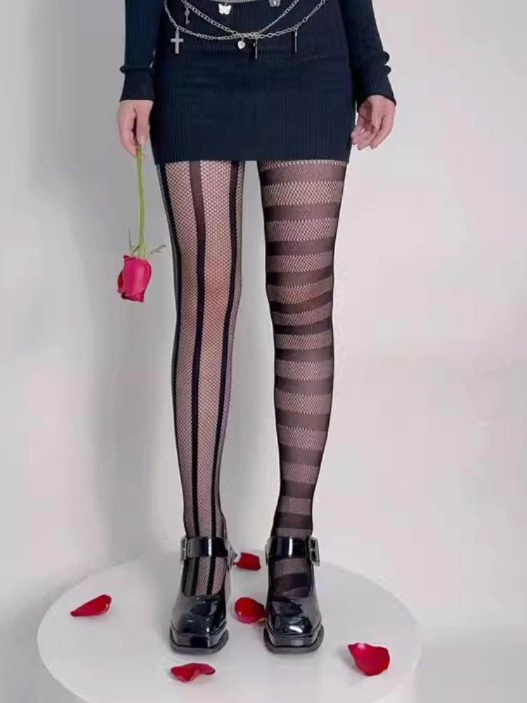 New Punk Girls Ab Asymmetric Striped Mesh Tights Women Sexy Fishnet Stockings Gothic Lolita Dark Fashion Nylon Pantyhose
