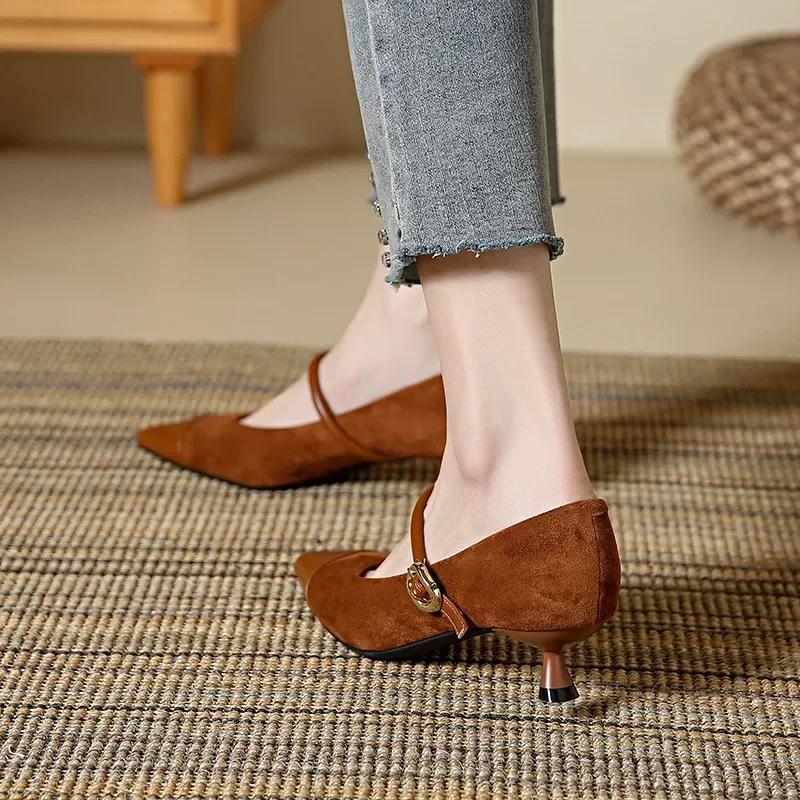Fashion 2025 French Sexy Pointed Toe High Heels Women Brown Retro Suede Mary Jane Shoe Elegant Kitten Heel Shoes for Women Evening Heels