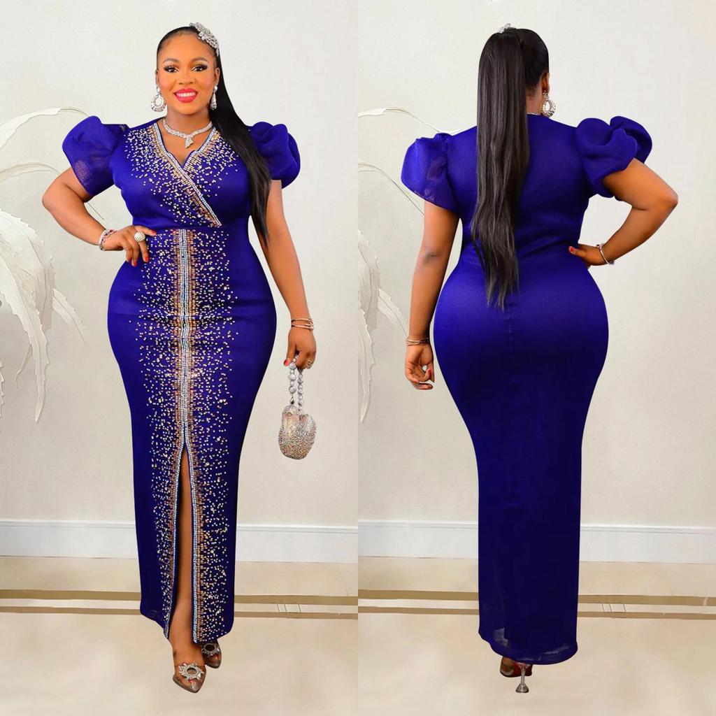 Damen Hot Drilling Puffärmel Elastischer V-Ausschnitt Langes Kleid - Europäische & Amerikanische Mode (C6500)