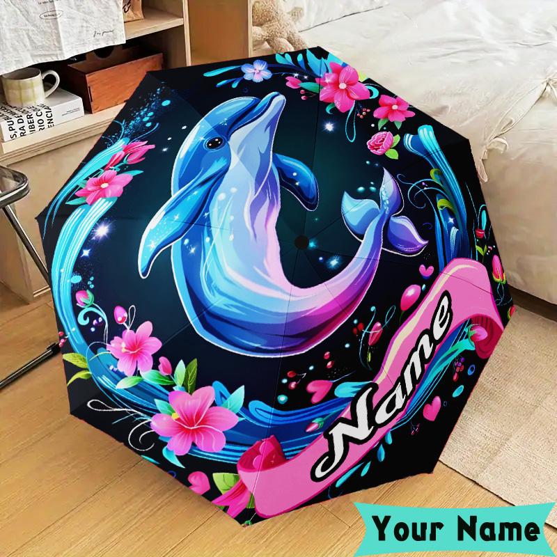 Custom Name Love Dolphins Heart Umbrella, Foldable Umbrella Suitable for Outdoor Shopping Travel Sports, Exquisite Gift for Family