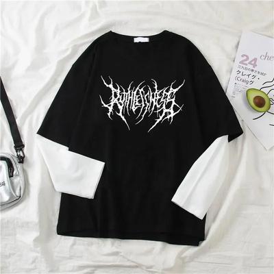 Modny Punkowy Mroczny Styl Nadrukowany T-shirt z Okrągłym Dekoltem Y2K Sport Harajuku Cienki Damski Top Długi Rękaw T-shirt Outdoor Luźna Koszula