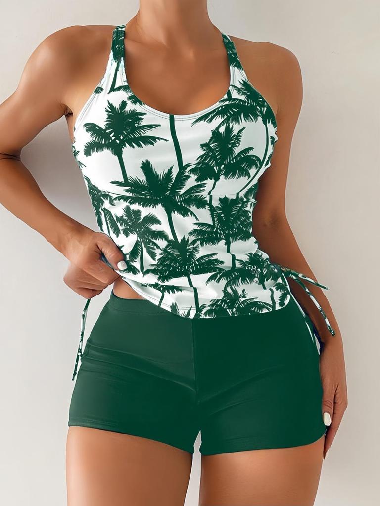 2025 Tankini Feminino Europeu e Americano com Estampa de Coco e Parte de Baixo Boyleg