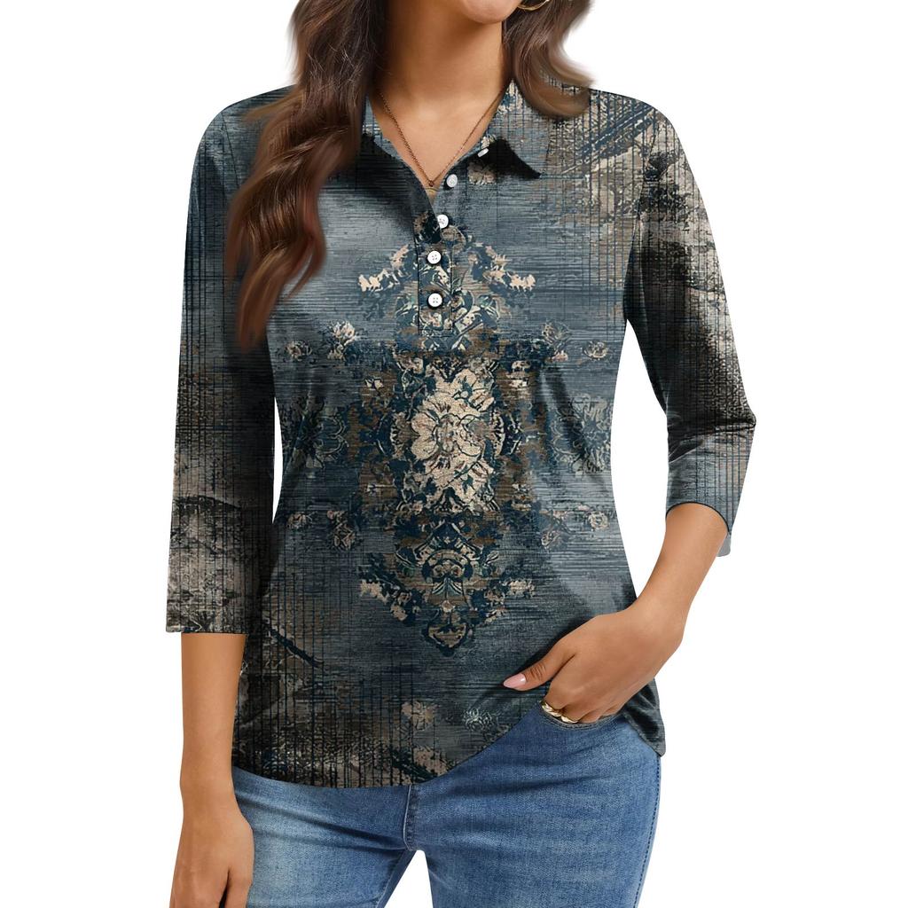 Women's Fashion Casual Lapel Short 3/4 Sleeve Print Shirt Women's Button Up Tops