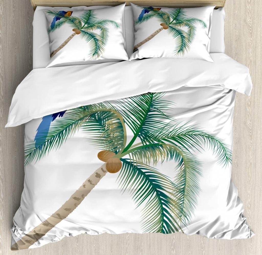 Comforter Coconut Trees Vintage Red Flower Hawaiian Tropical Leaves Comforter Palm Tree Bedding Set With