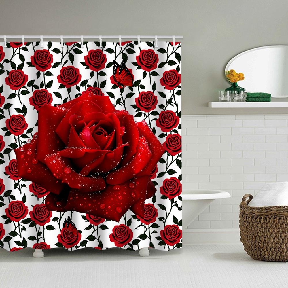 1/4 Rose Print Shower Curtains, Toilet Seat Decoration, Shower Curtain With Carpet And Toilet Lid, 70.8X70.8 Inch