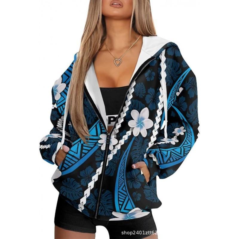 Vintage Ethnic 3D Printed Zip Up Hoodie Loose Fit Horse Geometric Graphic Sweatshirt Women