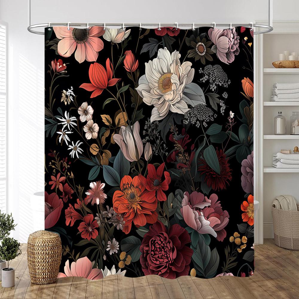 Black Background On Colourful Flowers Shower Curtain Vintage Style Artistic Creativity Print Fabric Bath Curtains Bathroom Decor