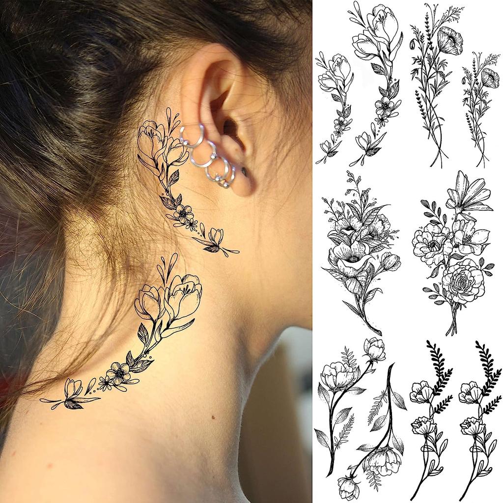 19 Sheets 3D Sexy Flower Temporary Tattoos For Women Neck Arm Black Fake Tattoo Sticker Waterproof Small Sketch Tatoo Decoration