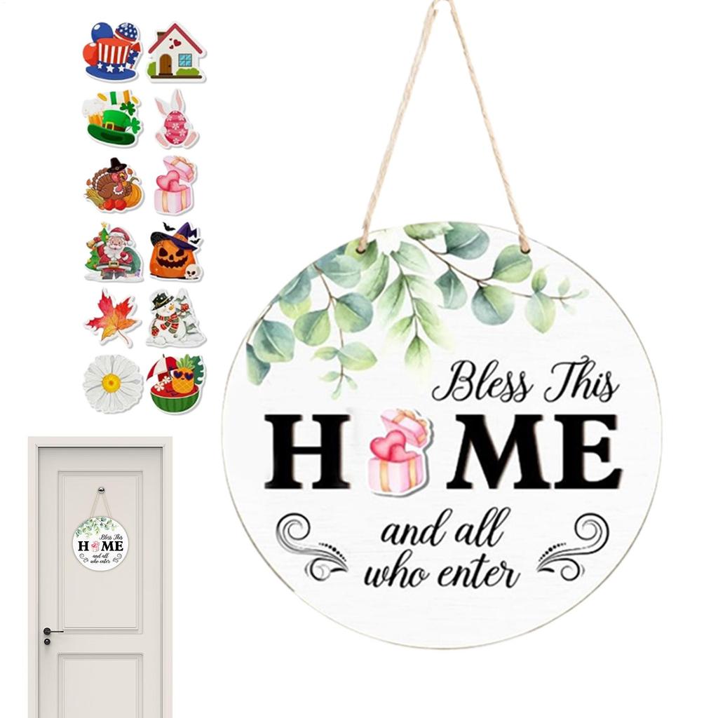 Interchangeable Welcome Sign Door Decoration Pendant 12 Inch Round Wooden Welcome Sign Flower Wreath For Front Porch