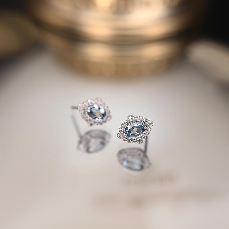 French Style Aquamarine Stud Earrings, 925 Sterling Silver, Hypoallergenic 925 silver