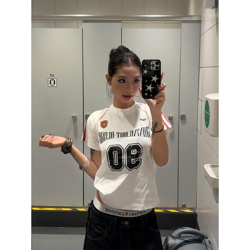 

F383 Retro Stripe Print Sports Short sleeve Jersey T-shirt Women Summer Beauty Style Gyaru Versatile Design Sense Top Fashion White M