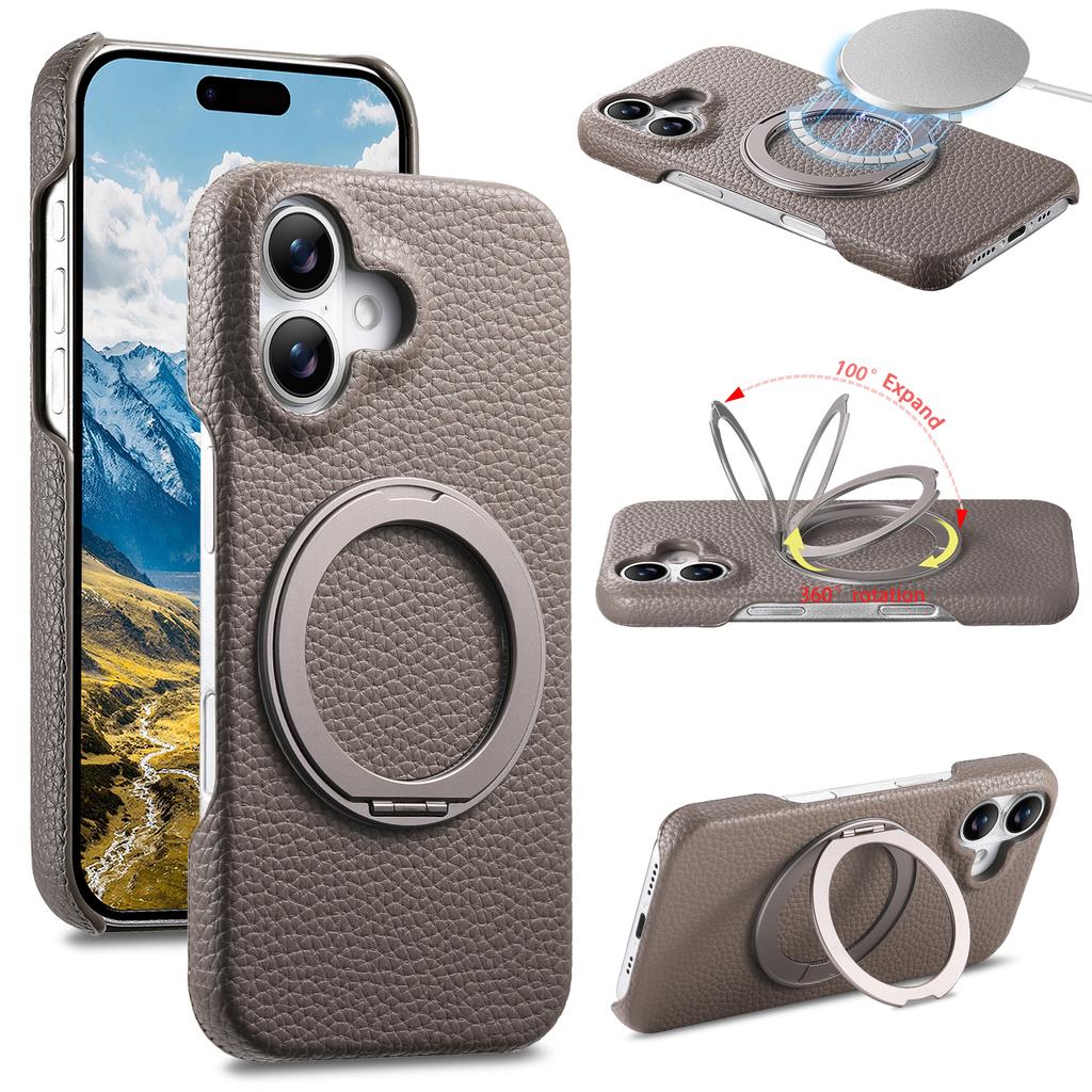 360 Rotating Magnetic Kickstand Lychee Grain Leather Phone Case For iPhone 17 Pro Max 16 Plus 15 14 13 12 11 Shockproof Cover