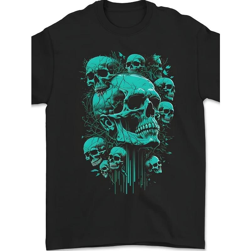 

European sizes Men S Gothic Heavy Metal Rock Music T-Shirt - Turquoise Skull & Bone Graphic Print, Vintage Biker Style Round Neck Short Sleeve Tee S чёрный