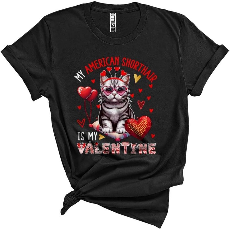 My American Shorthair is My Valentine, Lovely Valentine s Day Cat Wearing Heart Glasses, Family Group Unisex T-Shirt Black XXXXXL разноцветный