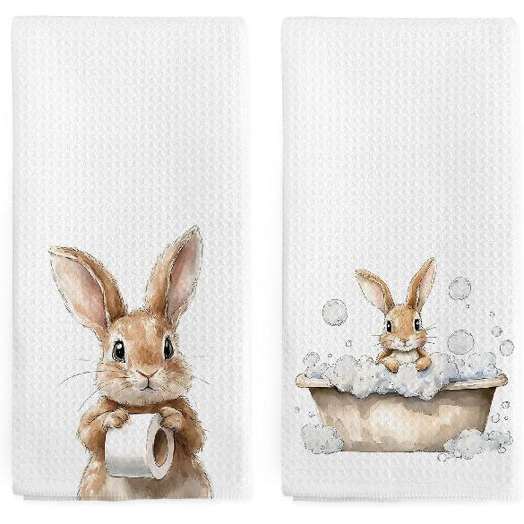 Cute Bunny Rabbit Hand Towels for Bathroom Set of 2, Funny Rabbit Nursery Decor Dish Tea Towels, Easter Bunny Lovers Gifts Hand Towel for Toilet