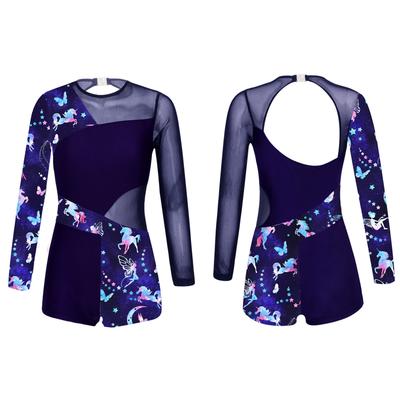 Kids Girls Athletic Sport Gymnastic Leotard Dance Unitard Floral Long Sleeve Bodysuit Shorts Jumpsuit