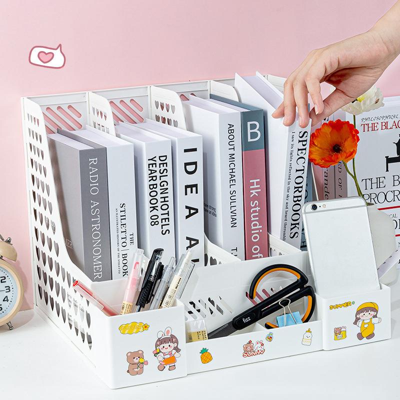 Büyük Kapasiteli Klasör Saklama Kutusu Dosya Rafı Kalemlikli Masaüstü Çok Katmanlı Raf Ofis Düzenleyici Dosya Rafı Ev Kitaplığı