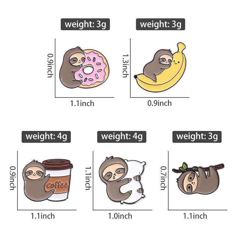 Lazy Cute Sloth Enamel Pin Cartoon Coffee Donut Banana Pillow Lapel Brooch Backpack Clothes Badge Decorative Metal Jewelry Gifts