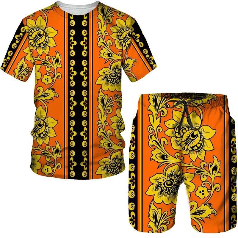 Summer Men's Luxury Golden Pattern T-Shirts/Shorts/Sets Vintage 3D Printed Two Piece Suit Fashion Jogger Male Streetwear Clothes