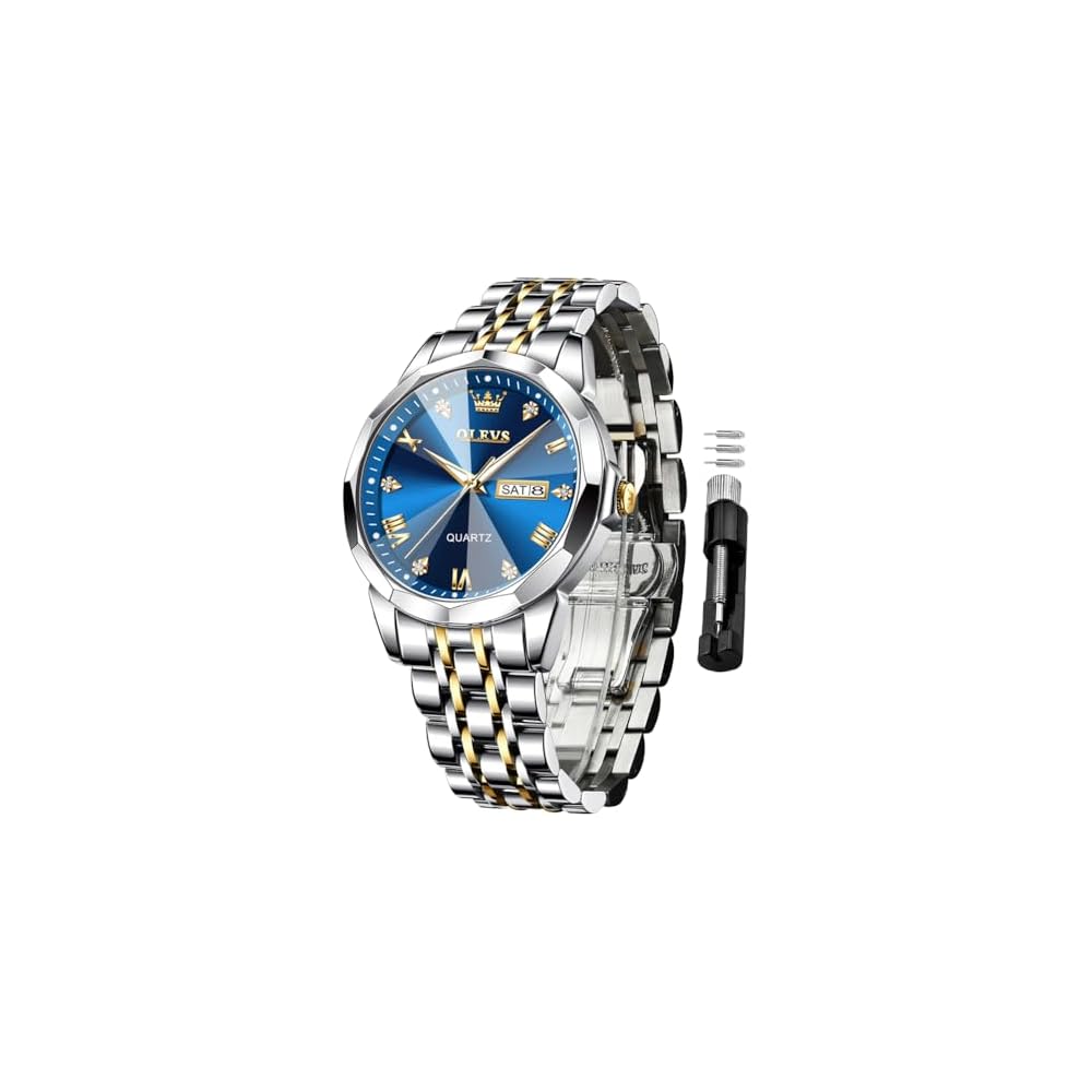 OLEVS Men s Quartz Watch Blue Simple Waterproof Stainless Steel Band Diamond Dial Date Display
