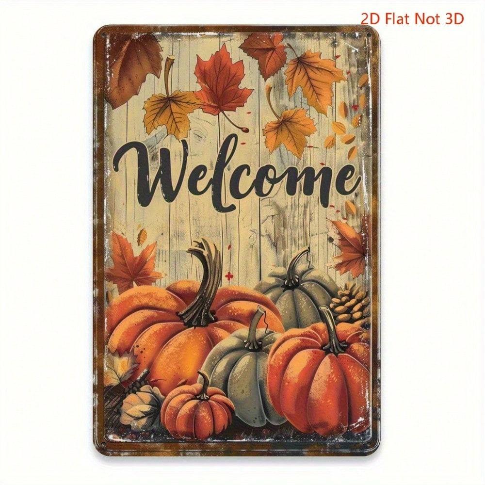 Vintage Iron Pumpkin Welcome Sign, Rustic Autumn Harvest Metal Wall Art, 2D Flat Farmhouse Plaque for Living Room Garden Garage
