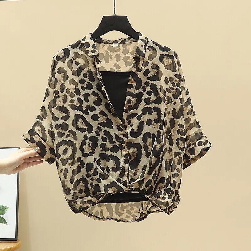 

Blusas Moda Chiffon Shirts Sets Fashion Sexy Leopard V-neck Blouses Tunic Vest Suit Temperament Summer Loose Tops XS