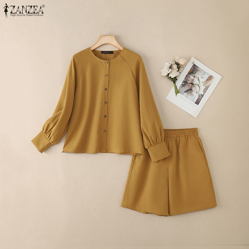 ZANZEA Women Long Sleeve Blouse and Shorts Casual Two Piece Suit Sets