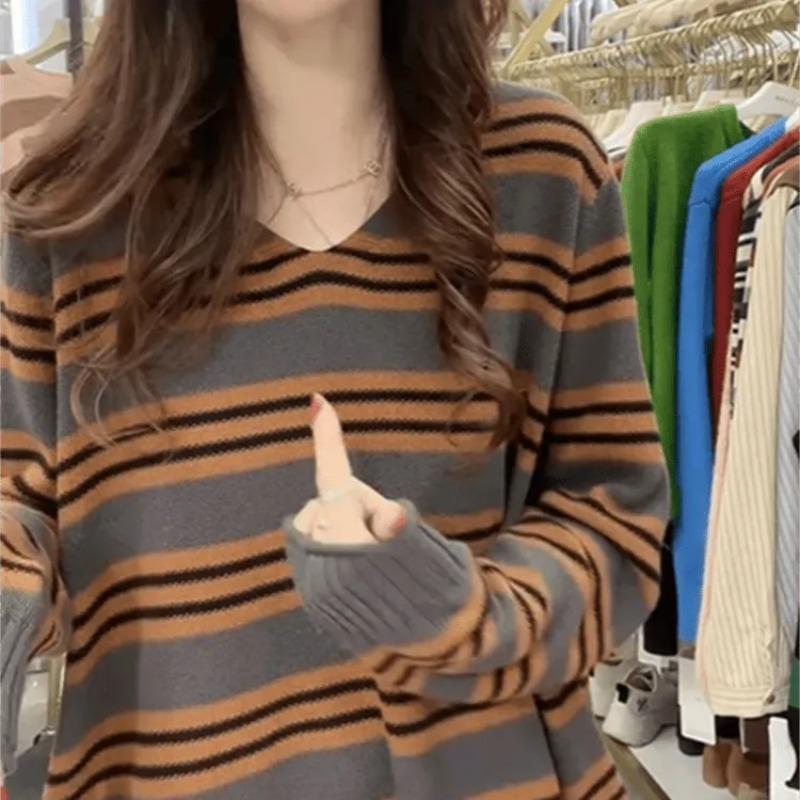 

Autumn New Contrast Striped Sweater Fashionable Korean Style Pullover Age-reducing Casual Lazy Style Top 3XL помаранчевий