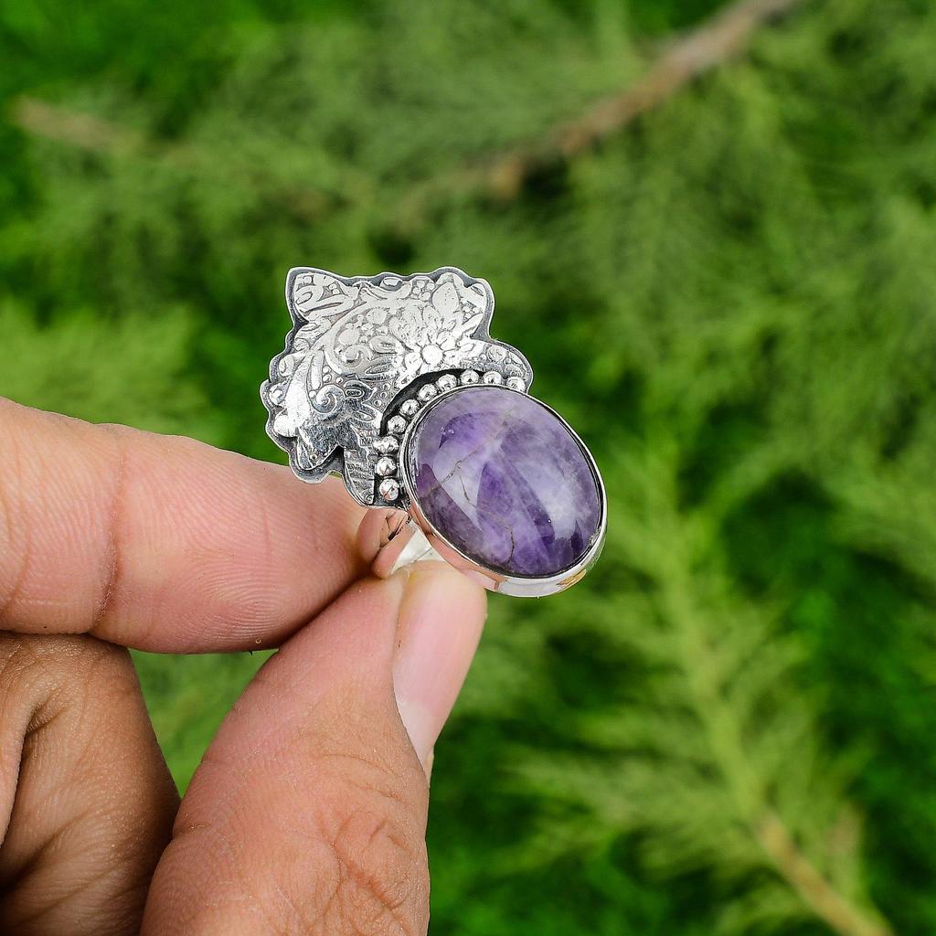 Oval Chevron Amethyst Stone Bezel Promise Crown Chakra Wife Ring Sterling Silver