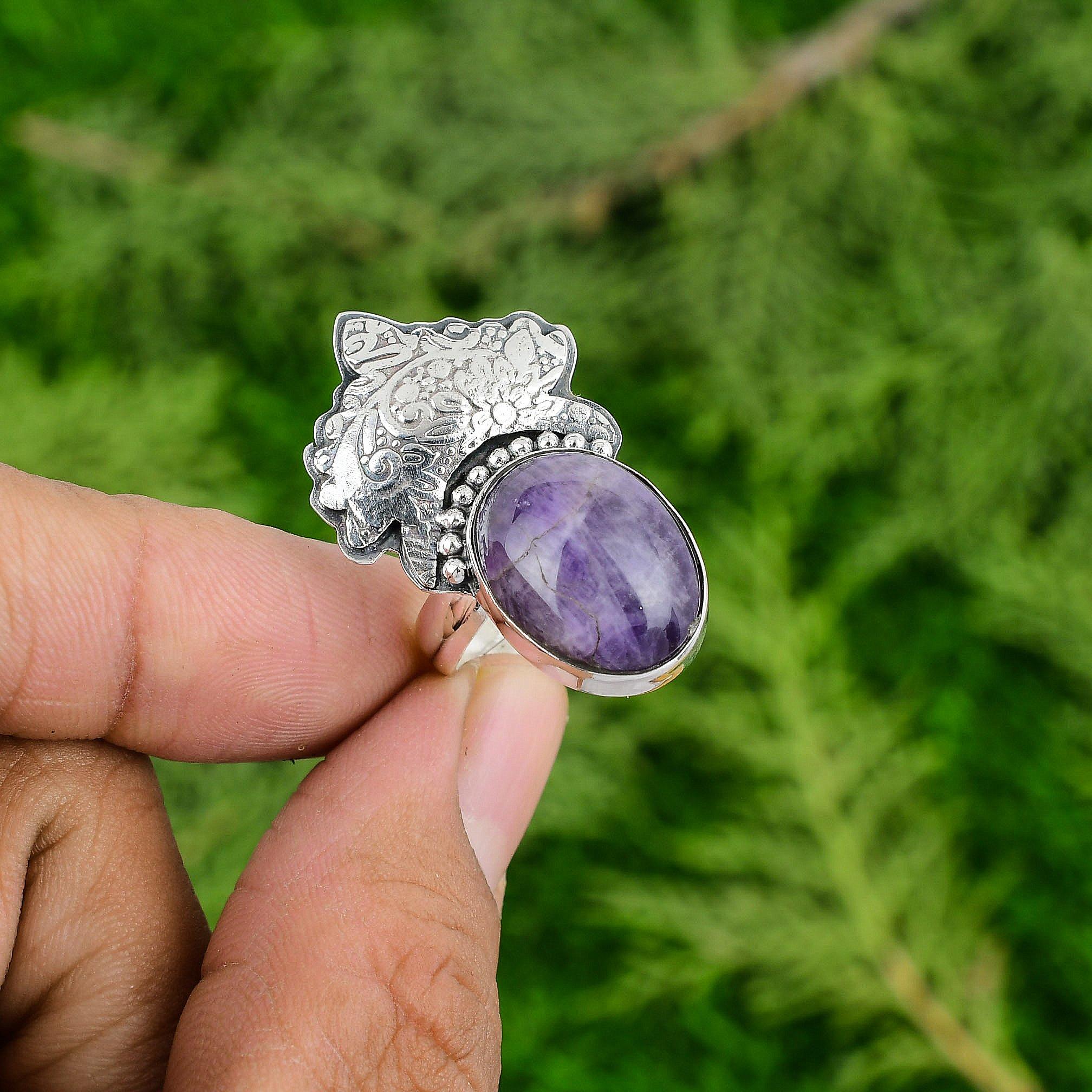 

Oval Chevron Amethyst Stone Bezel Promise Crown Chakra Wife Ring Sterling Silver Adjustable