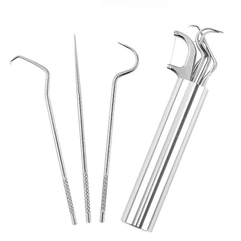 4Pcs Stainless Steel Toothpick Dental Floss Tartar Remover Reusable Oral Hygiene Kit Portable Teeth Cleaning Tools