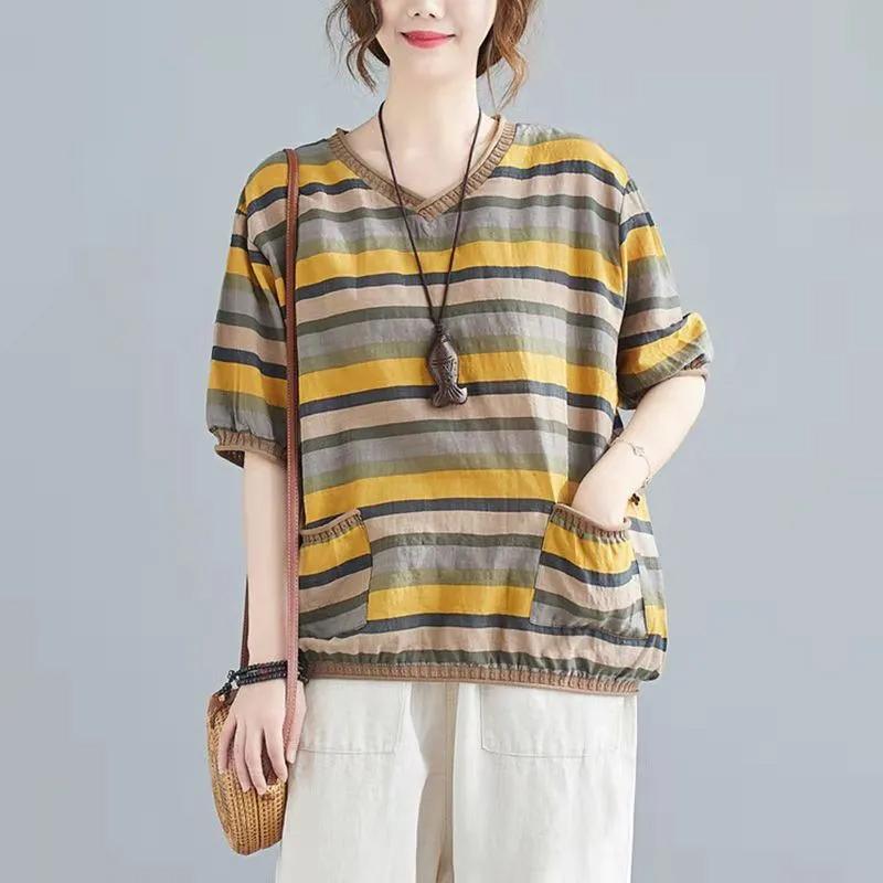 

Футболка для женщин, летняя хлопковая футболка, мягкая, свободная, в полоску, повседневная, удобная, пуловер, футболка, топ XXL