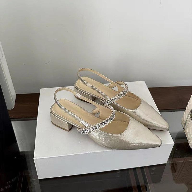 

Fashion New Style Women Concise Crystal Low Heel Sandals Slingback Pointed Toe Dress Office Shoes Woman Comfort Light Casual Slippers 35