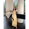 Kumikumi Sweet Style Thin Lace Cardigan Outwear Women's Fall Yellow Floral Sling Dress Two-piece Set