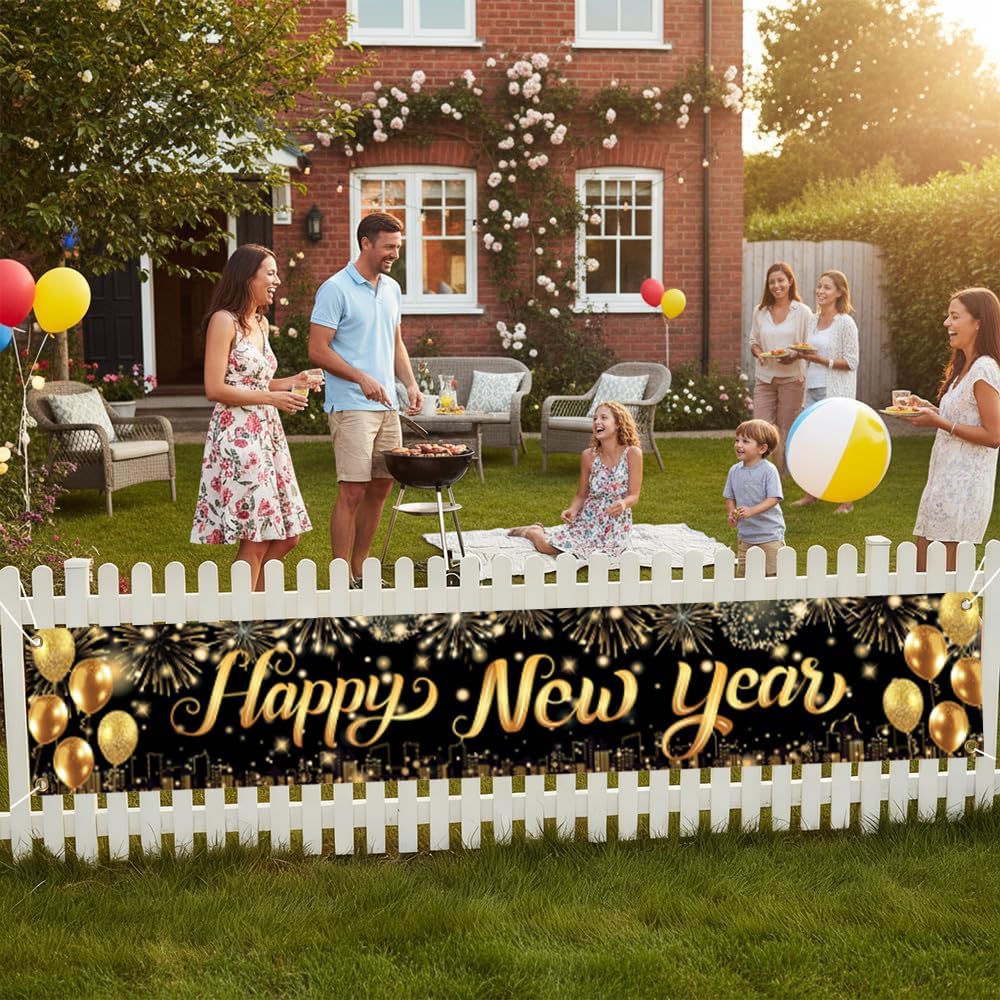 Happy New Year Banner, Large New Year Decorations Banner, 120x20 Inch New Year's Yard Sign Backdrop with Firework for Home 2026 Lunar New Years Eve