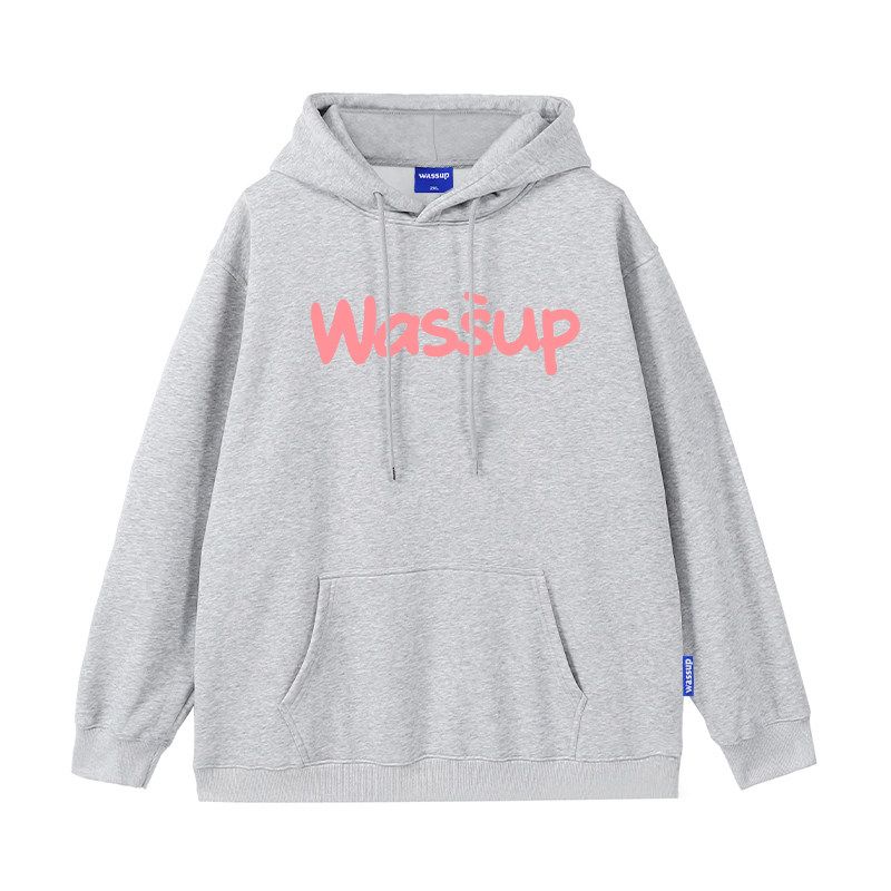 Wassup Letter Print Logo Sweatshirt Men's Hooded Autumn and Winter Fleece-Lined Loose Versatile Couple Pullover Top