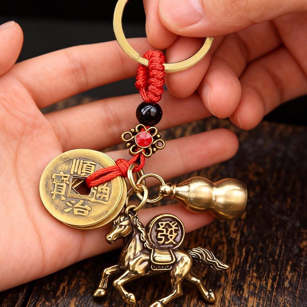 New Year Horse Lucky Pendant Keychain Pi Xiu Feng Shui Wealth Key Ring Vintage Red String Knot Bag Charm Jewelry Gift